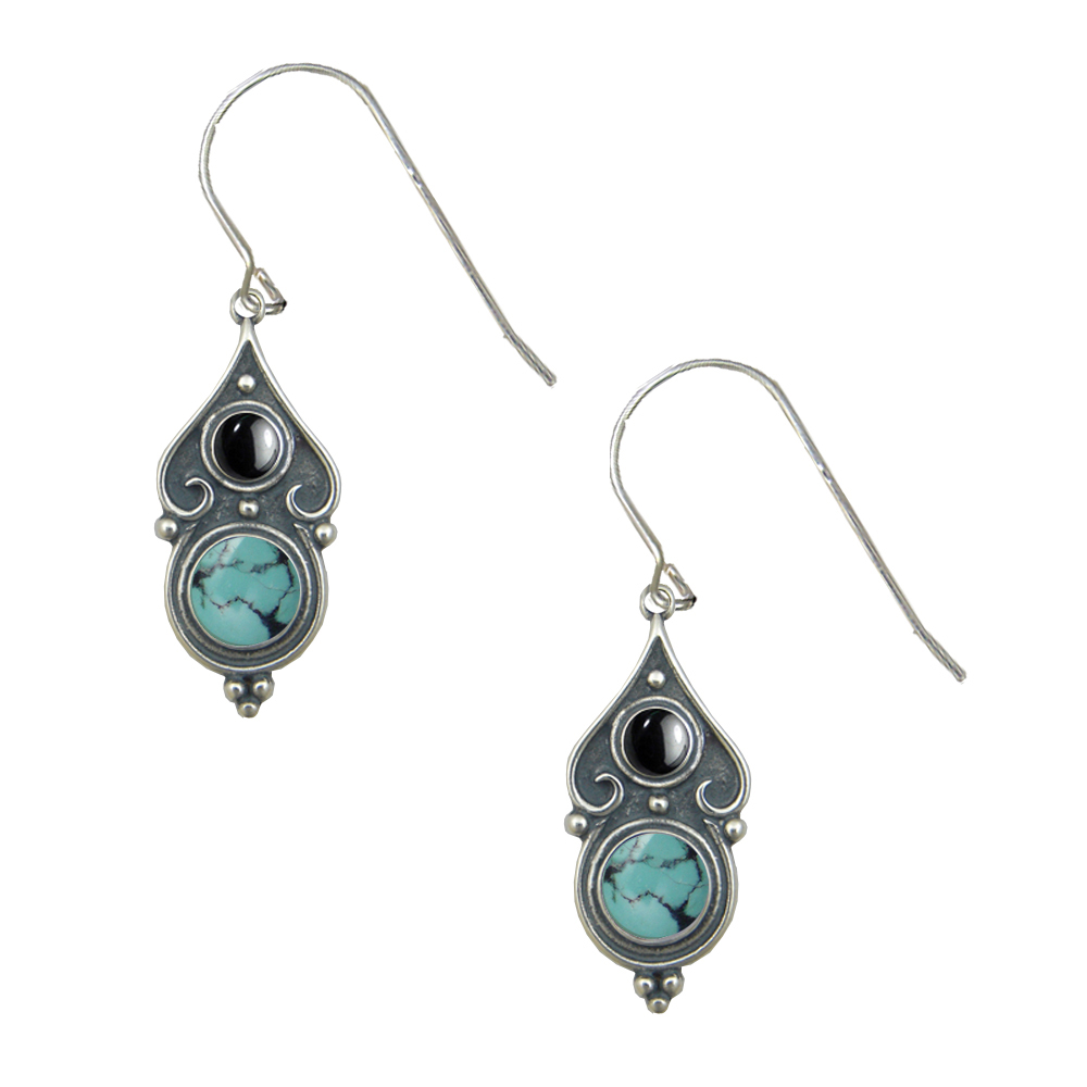 Sterling Silver Designer Post Stud Earrings With Chinese Turquoise And Hematite